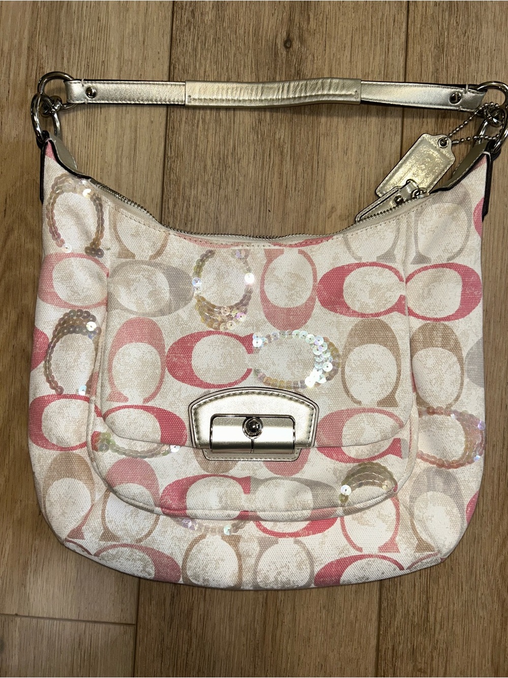 Coach Signature Canvas Shoulder Bag in Pink & Beige with Metallic Trim